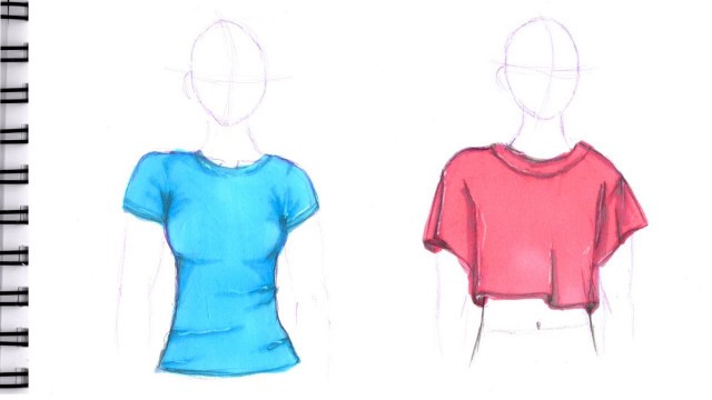 'HOW TO DRAW TEES Step by Step Drawing Tutorial. Fashion sketch of a crew neck and a crop top T-shirt'