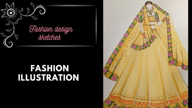 'How to draw a basic fashion design lehnga sketch? | Fashion illustration | Fashion design sketch'