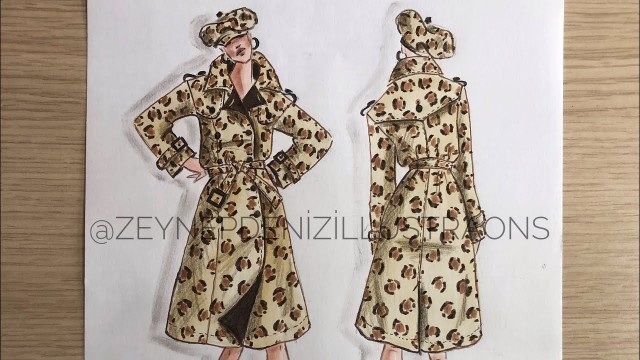 'Animal print Trench coat marker rendering-Fashion sketch tutorial by ZEYNEP DENIZ'