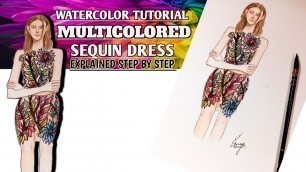 'Watercolor Tutorial || Easy Drawing || Draw Sequin  || How to draw a dress|| Fashion illustration'