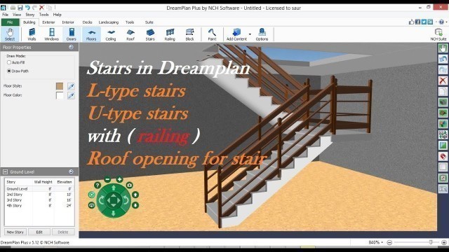 'how to make U type stairs with railing in NCH DreamPlan how to cut stairs opening on roof.'