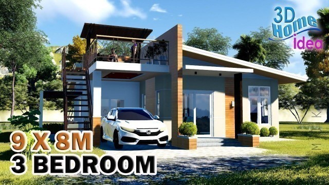 '9x8 Meters House Design with Mini Deck , 3 Bedroom'