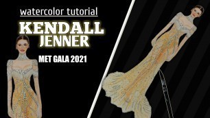'How to draw  Sheer fabric of Kendall Jenner @ MET GALA 2021| Fashion illustration'