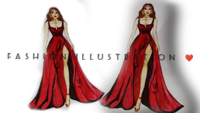 'How to draw Fashion Illustration || red gown || how to make fashion sketches|| dress sketch'