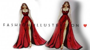 'How to draw Fashion Illustration || red gown || how to make fashion sketches|| dress sketch'