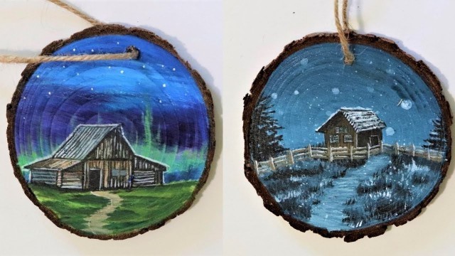 '4 Rustic Log Cabin Acrylic Paintings - DIY Ornament Ideas for House Decor - Painting on Wood Slice'