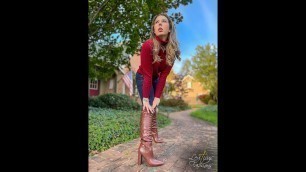 'KRISTINA FASHION MODELS FAUX LEATHER BROWN SNAKESKIN THICK HEEL KNEE BOOTS PROTOTYPES FOR AUCTION'