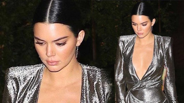 'Kendall Jenner Flashes Major Cleavage in Sexy Silver Dress With Thigh-High Slit'