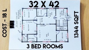 '32 x 42 sqft 3 bed rooms house design II 32 x 42 ghar ka naksha II 32 x 42 house plan'